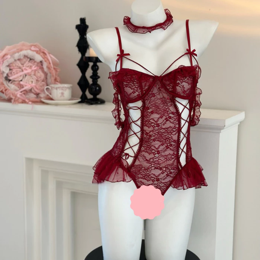 Đồ Lót Liền Thân Ren Phối Nơ Siêu Đẹp Đáng Yêu Bodysuit Nữ Kèm Choker Đen Trắng Dễ Thương Tinh Tế - N924 Đỏ