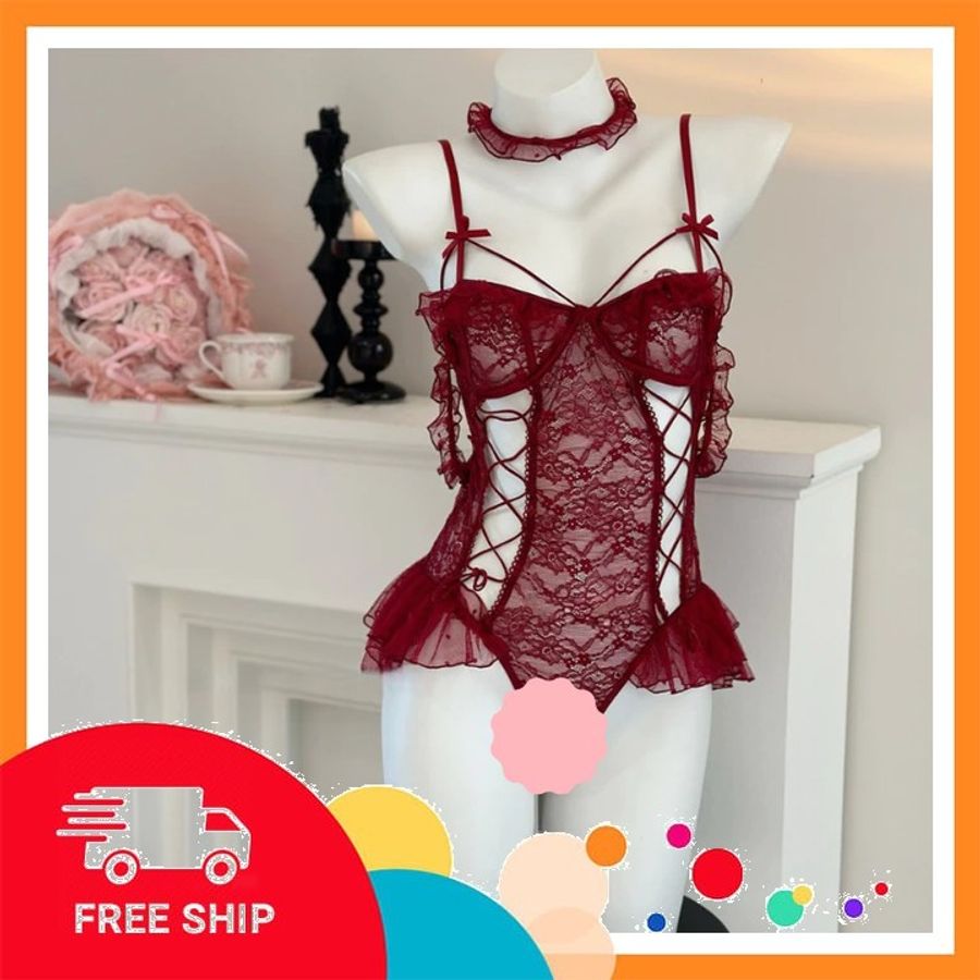 (Che Tên Khi Giao) Đồ Lót Liền Thân Ren Phối Nơ Siêu Đẹp Đáng Yêu Bodysuit Nữ Kèm Choker Đen Trắng Dễ Thương Tinh Tế - N924 Đỏ - Hàng Mới Về