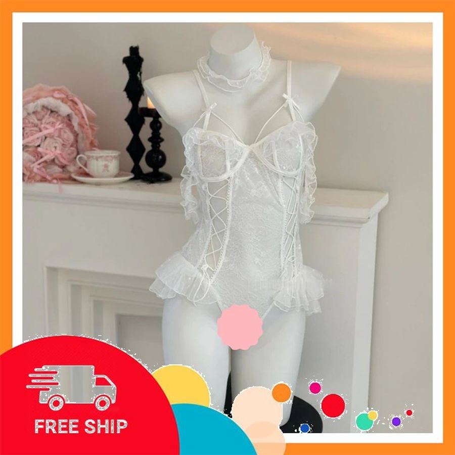 (Che Tên Khi Giao) Đồ Lót Liền Thân Ren Phối Nơ Siêu Đẹp Đáng Yêu Bodysuit Nữ Kèm Choker Đen Trắng Dễ Thương Tinh Tế - N924 Trắng Chuẩn Auth