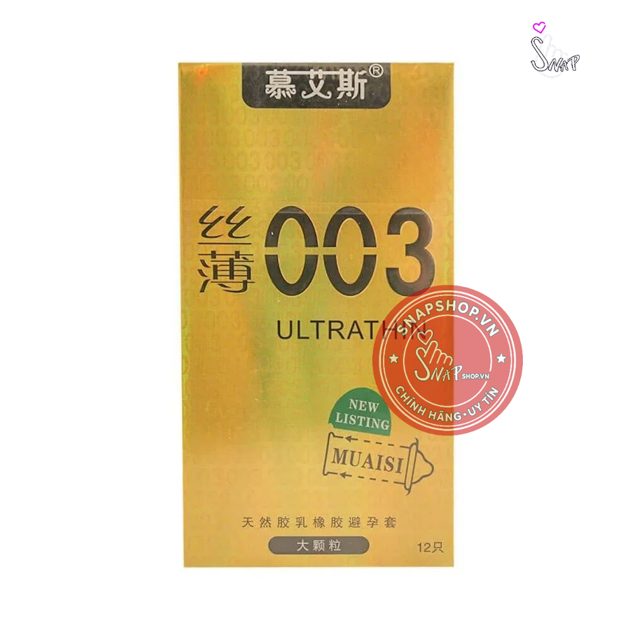 (Snapshop) Bao cao su Muaisi 0.03 Ultrathin Vàng - Siêu mỏng, có hạt - Hộp 12 cái Chính Hãng