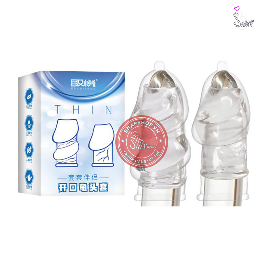 (Snapshop) Bao cao su đôn dên Aichao Thin Xanh Hở quy đầu Chính Hãng