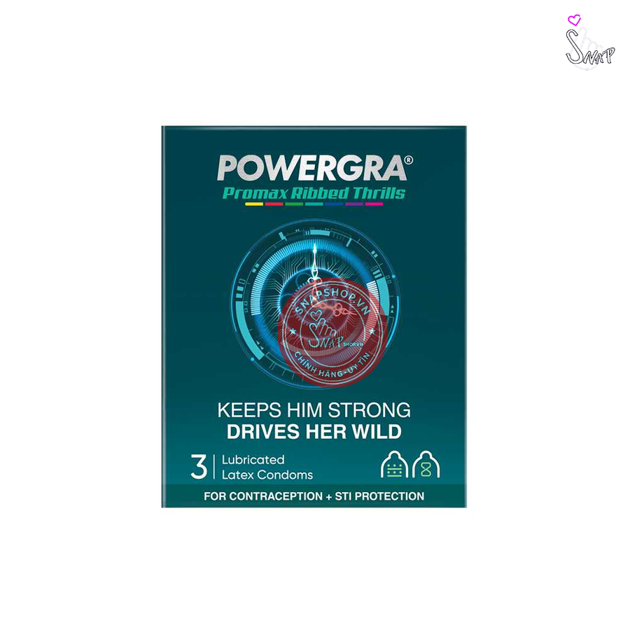 (Snapshop) Bao cao su Powergra Promax - Gân sọc và điểm nổi, kéo dài, hương trái cây - Hộp 3 cái Chính Hãng