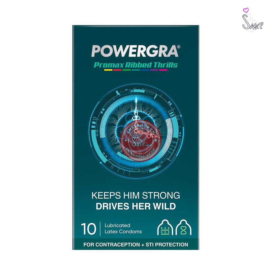 (Snapshop) Bao cao su Powergra Promax - Gân sọc và điểm nổi, kéo dài, hương trái cây - Hộp 10 cái Chính Hãng