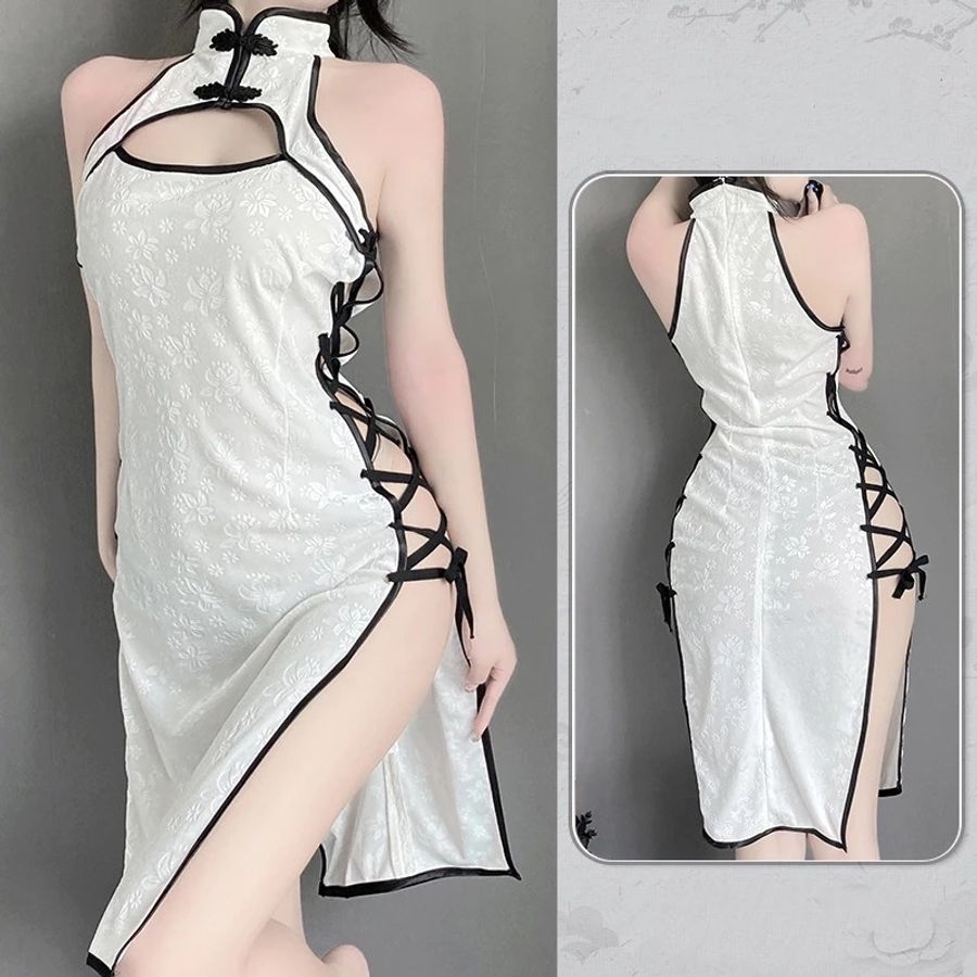 Váy Sườn Xám Đan Dây Hông Sexy Nhung Họa Tiết Hoa Mềm Mịn Gợi Cảm Đồ Ngủ Cosplay Cổ Trang Xẻ Tà Quyến Rũ - N785 Trắng