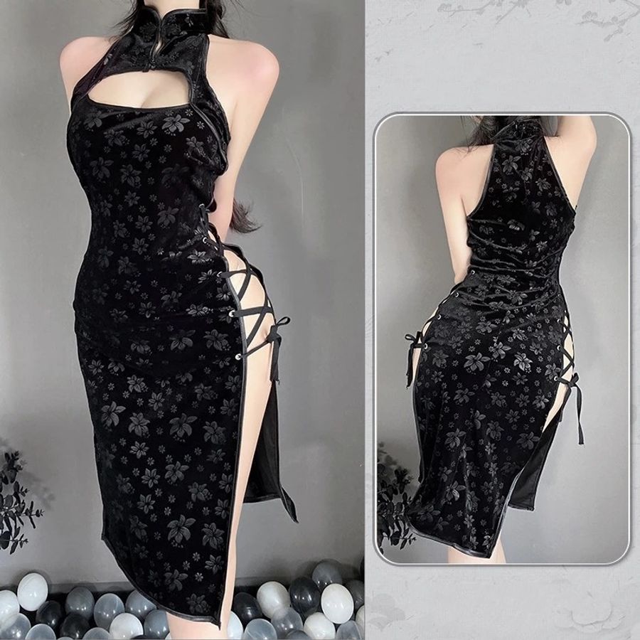 Váy Sườn Xám Đan Dây Hông Sexy Nhung Họa Tiết Hoa Mềm Mịn Gợi Cảm Đồ Ngủ Cosplay Cổ Trang Xẻ Tà Quyến Rũ - N785 Đen