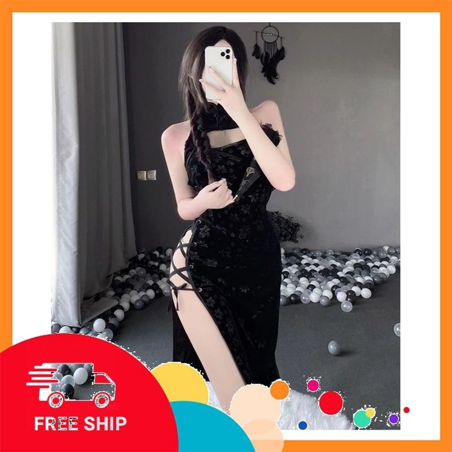 (Che Tên Khi Giao) Váy Sườn Xám Đan Dây Hông Sexy Nhung Họa Tiết Hoa Mềm Mịn Gợi Cảm Đồ Ngủ Cosplay Cổ Trang Xẻ Tà Quyến Rũ - N785 Đen - Hàng Mới Về