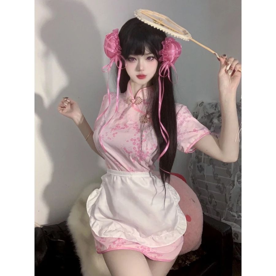 Cosplay Sườn Xám Cách Tân Kèm Tạp Dề Siêu Xinh Dễ Thương Set Đồ Cổ Trang Trung Hoa Xẻ Tà Gợi Cảm - N386 Hồng