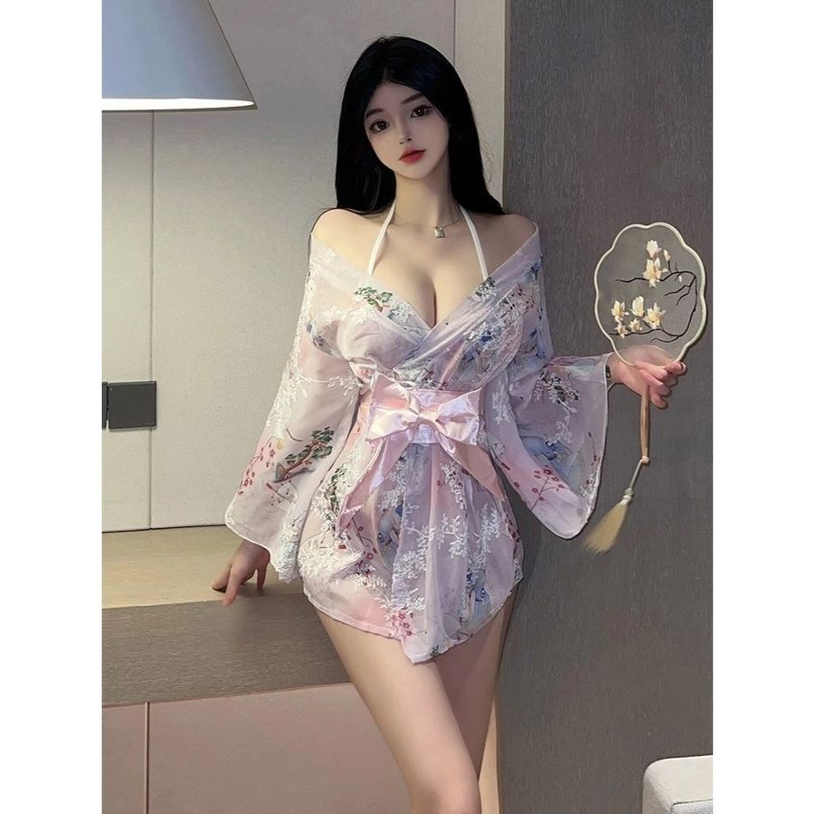 Áo Choàng Ngủ Kimono Xuyên Thấu Gợi Cảm Cao Cấp Set Cosplay Cổ Trang Nữ Ren Họa Tiết Hoa Sexy Quyến Rũ - N743 Hồng