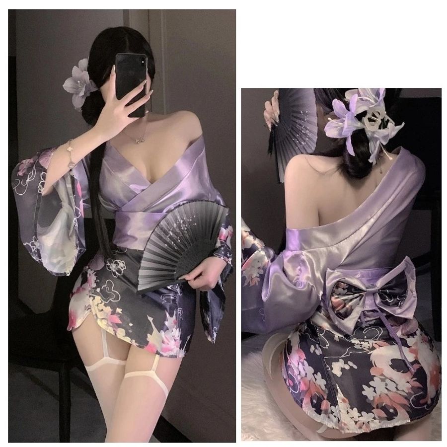 Đồ Ngủ Kimono Nhật Bản Xẻ Ngực Gợi Cảm Sang Trọng Cosplay Sexy Áo Choàng Ngủ Lụa Hoa Anh Đào Quyến Rũ - N841 Tím