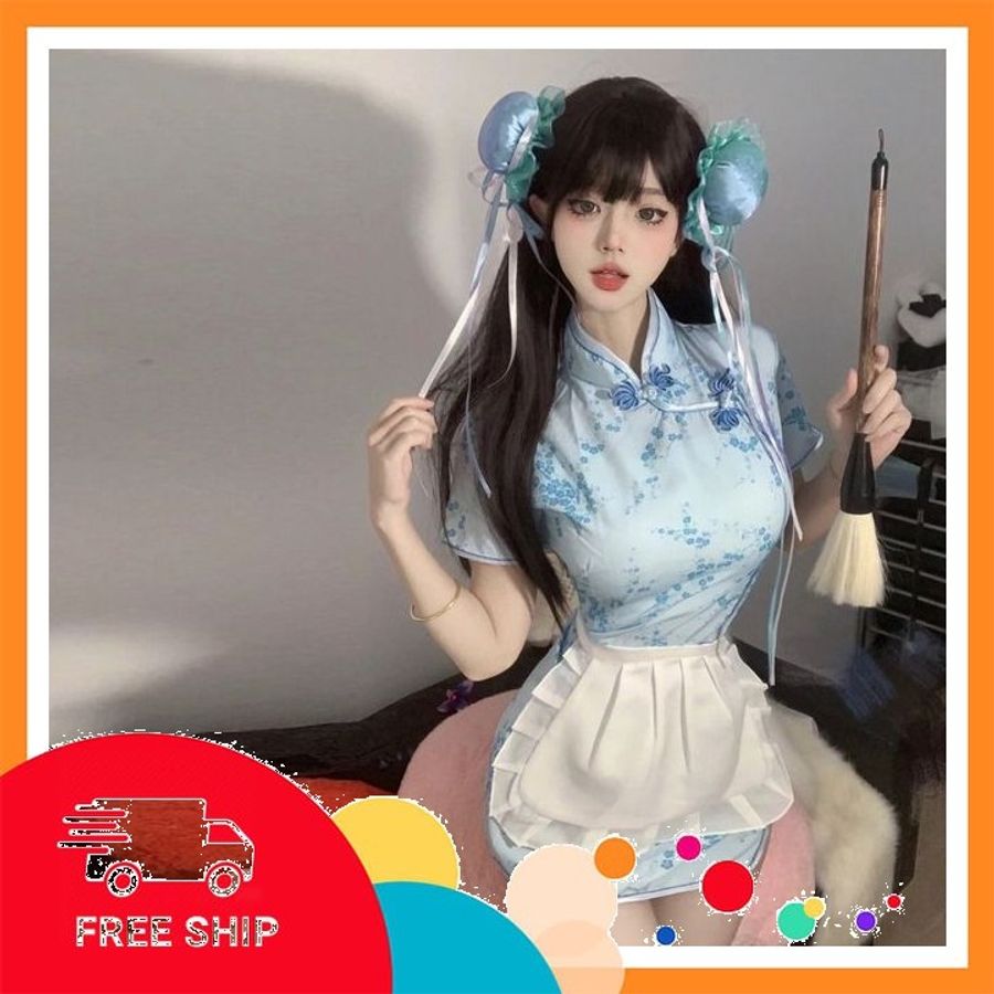(Che Tên Khi Giao) Cosplay Sườn Xám Cách Tân Kèm Tạp Dề Siêu Xinh Dễ Thương Set Đồ Cổ Trang Trung Hoa Xẻ Tà Gợi Cảm - N386 Xanh Bảo Mật Tuyệt Đối