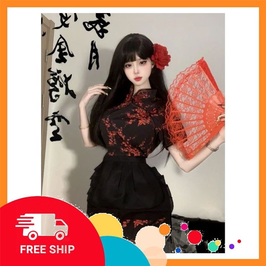 (Che Tên Khi Giao) Cosplay Sườn Xám Cách Tân Kèm Tạp Dề Siêu Xinh Dễ Thương Set Đồ Cổ Trang Trung Hoa Xẻ Tà Gợi Cảm - N386 Đen Bảo Mật Tuyệt Đối