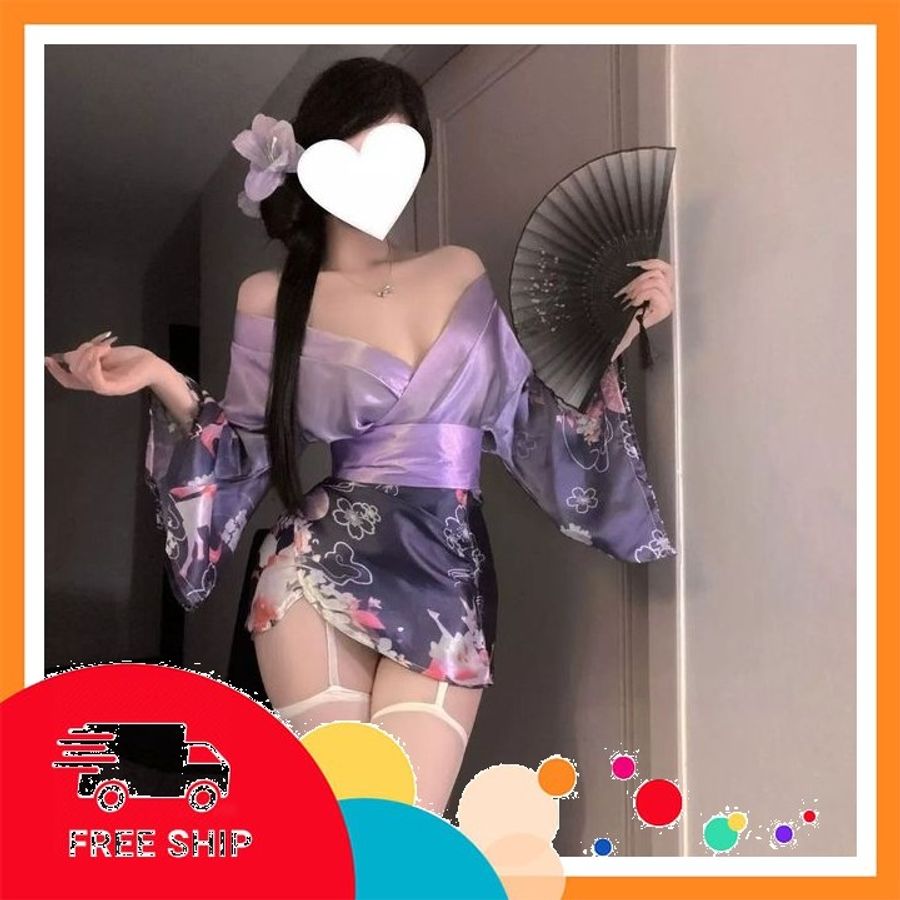 (Che Tên Khi Giao) Đồ Ngủ Kimono Nhật Bản Xẻ Ngực Gợi Cảm Sang Trọng Cosplay Sexy Áo Choàng Ngủ Lụa Hoa Anh Đào Quyến Rũ - N841 Tím Chuẩn Auth