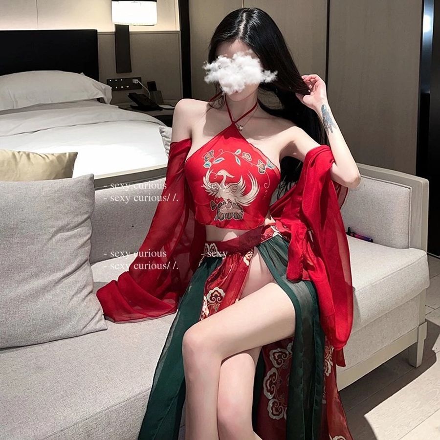 Đồ Cosplay Cổ Trang Trung Hoa Họa Tiết Hoa Cao Cấp Set Hán Phục Áo Yếm Kèm Khăn Choàng Tặng Chip Lọt Khe Gợi Cảm - N794