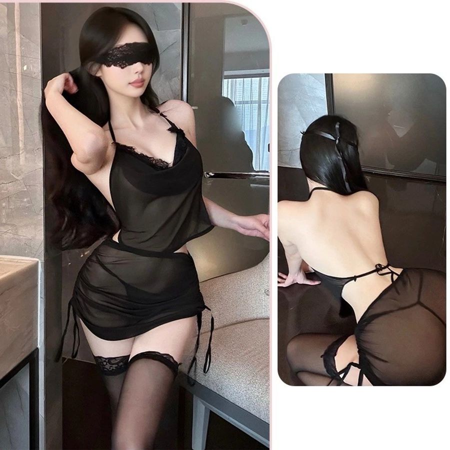 Đồ Ngủ Ren Mềm Mịn Cổ Yếm Mặc Nhà Cực Xinh Gợi Cảm Set Váy Ôm Body Kèm Chip Quyến Rũ Tinh Tế - N104 Đen