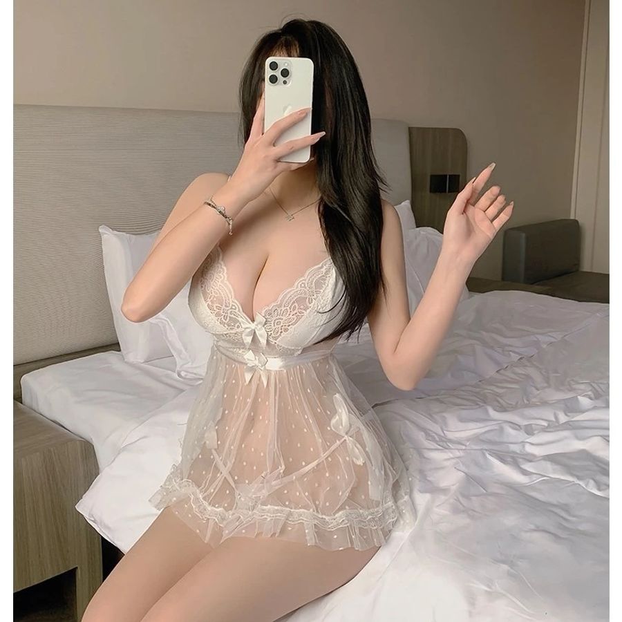 Váy Ngủ Tiểu Thư Ren Xuyên Thấu Sexy Gợi Cảm Cột Nơ Dễ Thương - N235 Trắng