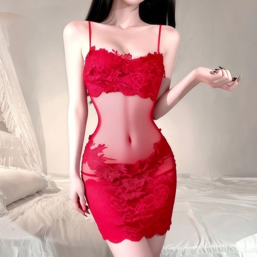 Váy Ngủ Ren Hoa Xuyên Thấu  Ngọt Ngào - N265 Đỏ