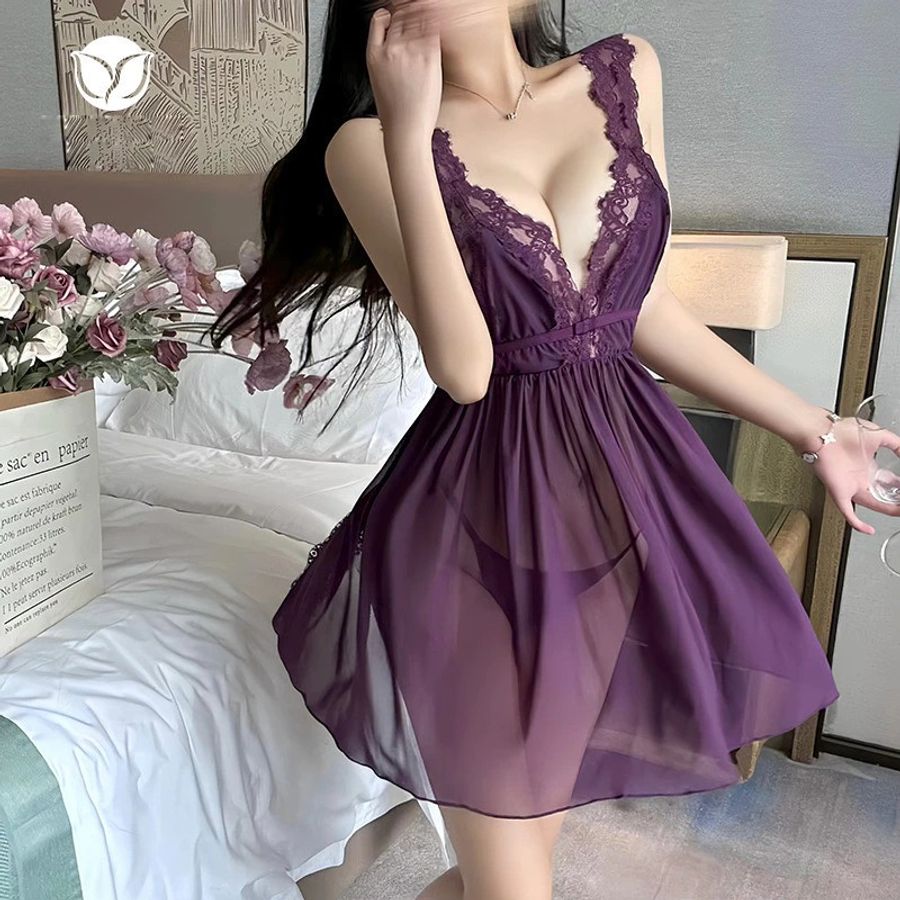 Váy Ngủ Sexy Ren Xuyên Thấu Dáng Xoè Đáng Yêu Gợi Cảm Đầm Tiểu Thư Xẻ Sau Hở Lưng Kèm Chip Xinh Quyến Rũ - N281 Tím