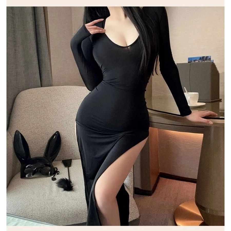Đầm Ngủ Dài Xẻ Tà Đùi Dáng Ôm Quyến Rũ Cuốn Hút Váy Body Dài Tay Đen Trắng Phong Cách Gợi Cảm Ngọt Ngào - N290 Đen