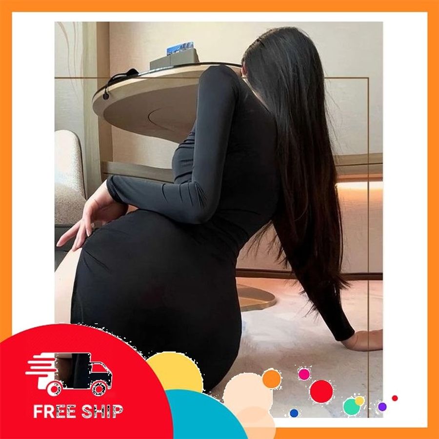 (Che Tên Khi Giao) Đầm Ngủ Dài Xẻ Tà Đùi Dáng Ôm Quyến Rũ Cuốn Hút Váy Body Dài Tay Đen Trắng Phong Cách Gợi Cảm Ngọt Ngào - N290 Đen Cao Cấp Bảo Đảm