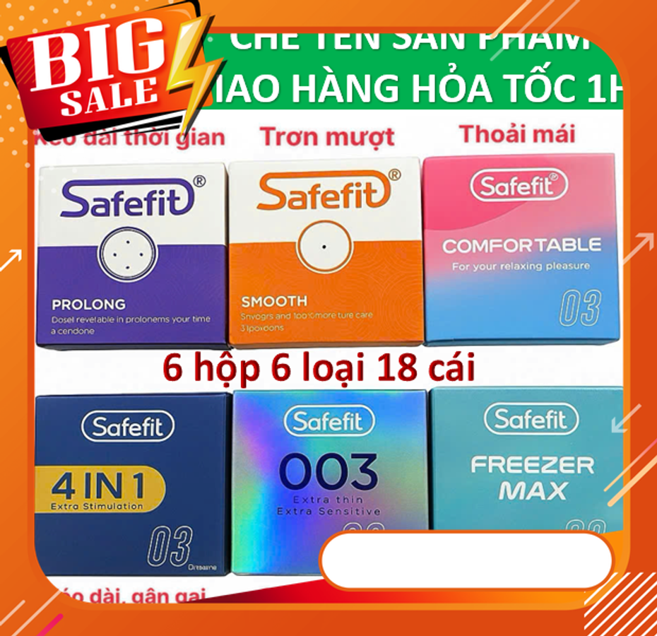 Combo 6 hộp bao cao su Safefit Kéo dài thời gian, Mát lạnh, Gân gai, Nhiều ɡel, Siêu mỏng - 18 cái