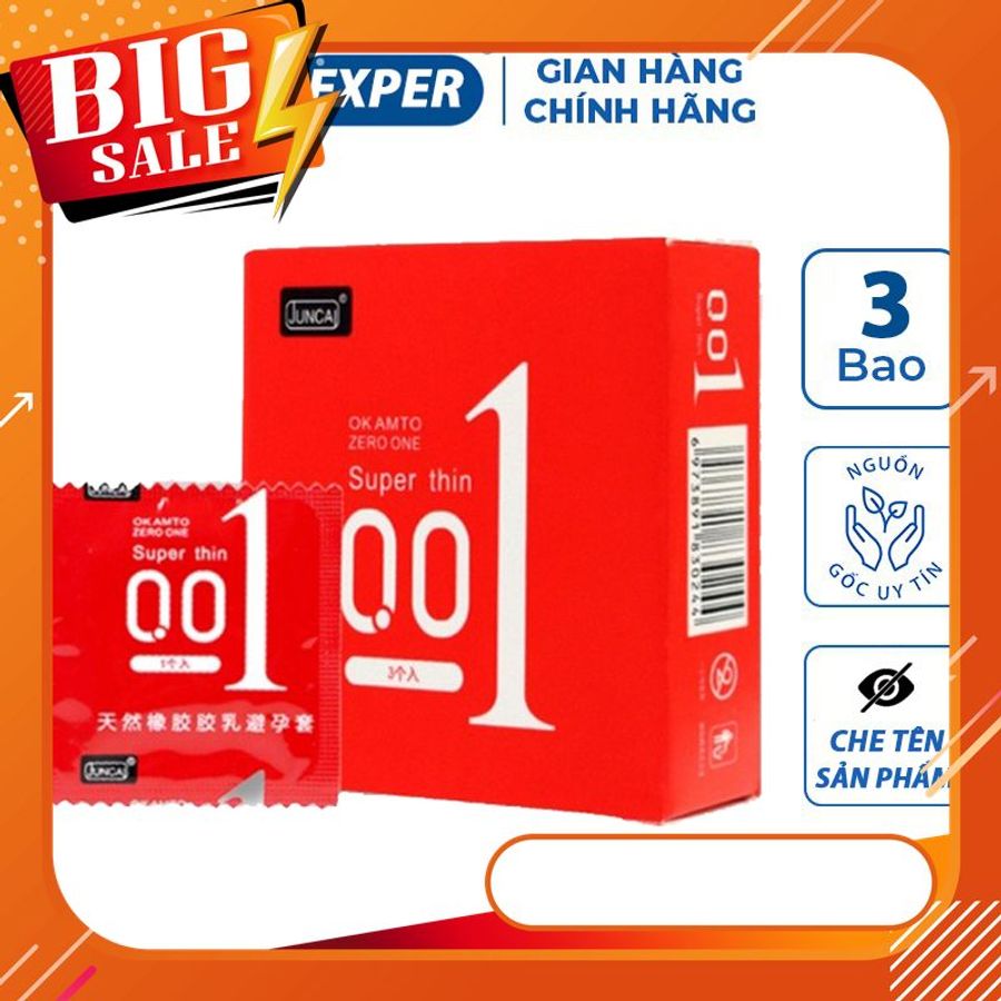 Bao cao su 001 JUNCAI Okamto Superthin Red hộp 3 cái, bcs siêu mỏng 0.01mm trơn mịn công nghệ Nhật Bản 797640