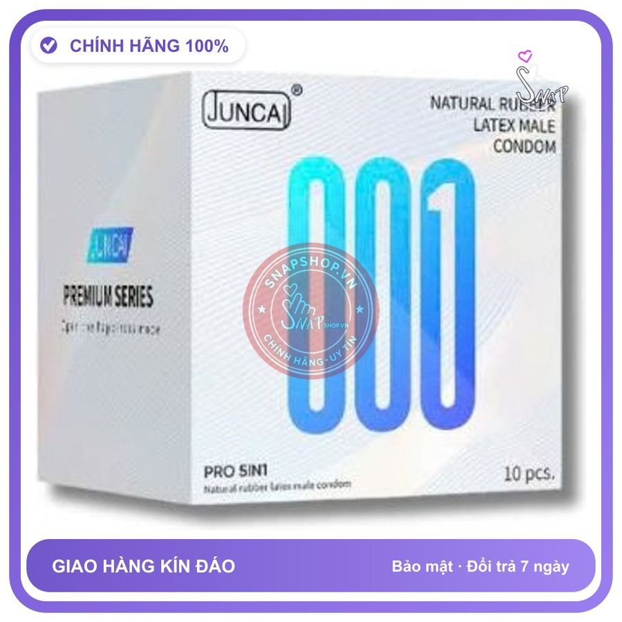 (Che Tên) Bao cao su Juncai Pro 5in1 siêu mỏng 001, kéo dài thời gian, gai nhỏ Hộp Trắng Kín