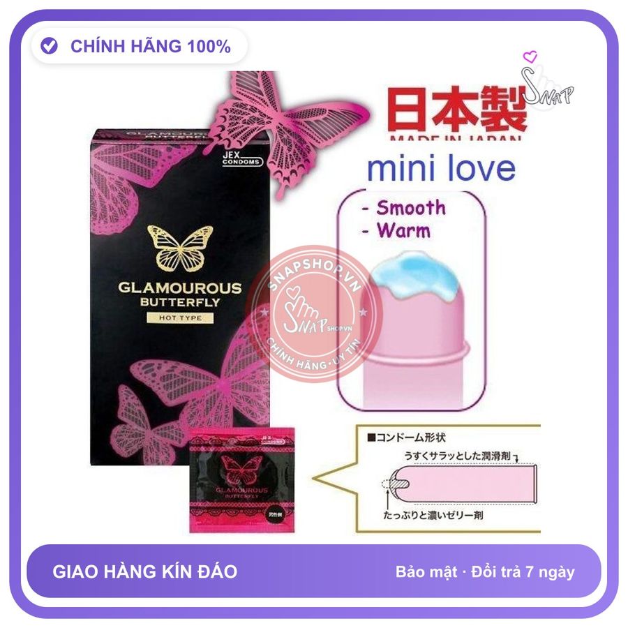 (Che Tên) Bao cao su cao cấp Nhật Bản jex glamourous buttefly hot type nhiều gel bôi hộp 6 chiếc Giao Nhanh Toàn Quốc