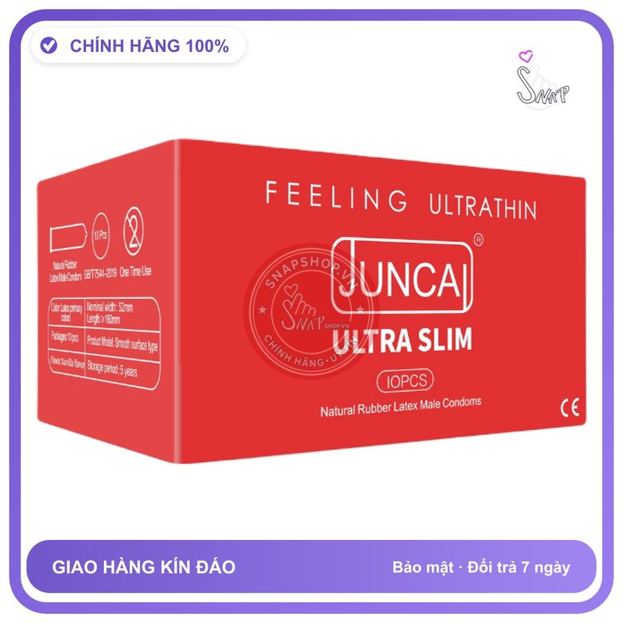 (Che Tên) Bao cao su Juncai Ultra Slim siêu mỏng 001, trơn,chân thật, Hộp 10 bao - Hàng Mới Về