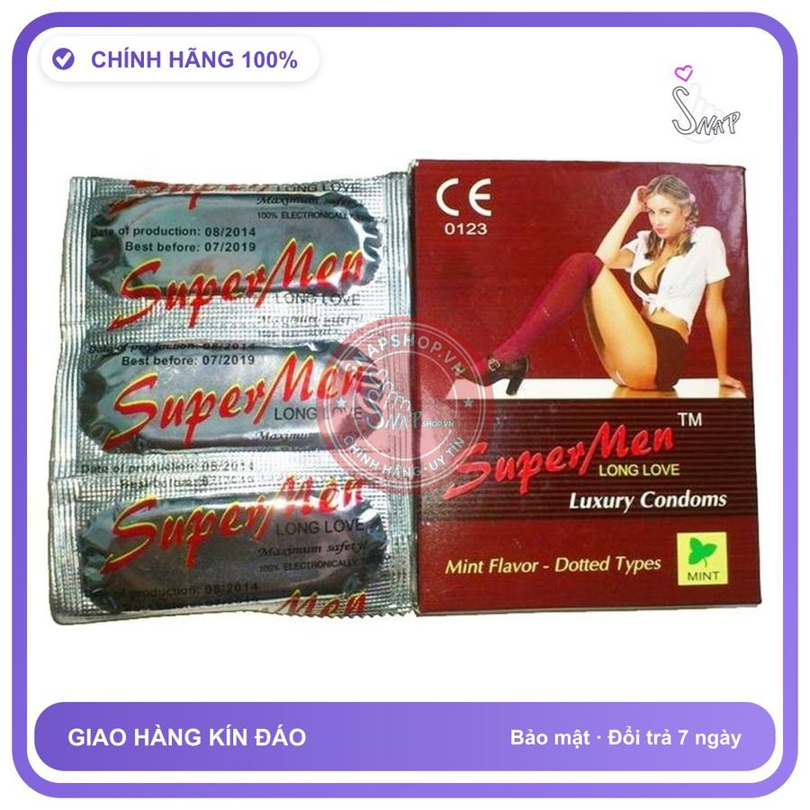 (Che Tên) Bao cao su Supermen hộp 10 cái siêu mỏng, chấm nổi, kéo dài thời gian - BCS gia đình giá rẻ Chuẩn Auth