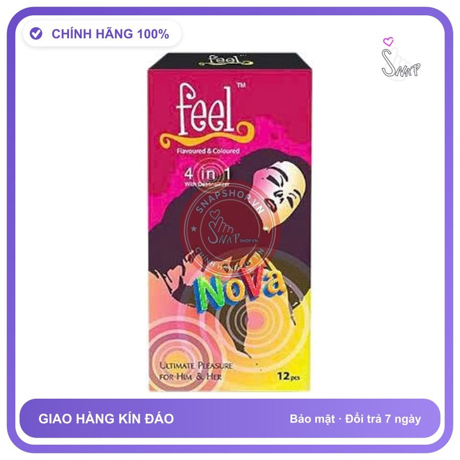 (Che Tên) Bao cao su Feel 4in1 12 bao Flavoured & Coloured – Gân, gai và kéo dài thời gian quan hệ Hộp 12 cái Hỗ Trợ 24/7