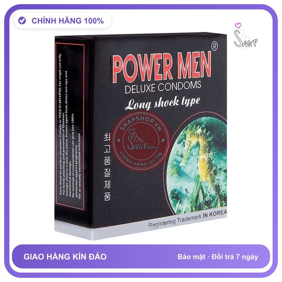 (Che Tên) Bao cao su Power Men Cá Ngựa Long Shock Type (Hộp 3 cái) Hộp Trắng Kín