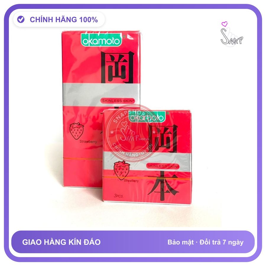 (Che Tên) Bao Cao Su Hương Dâu Okamoto Strawberry - Nhật Bản Hộp Trắng Kín