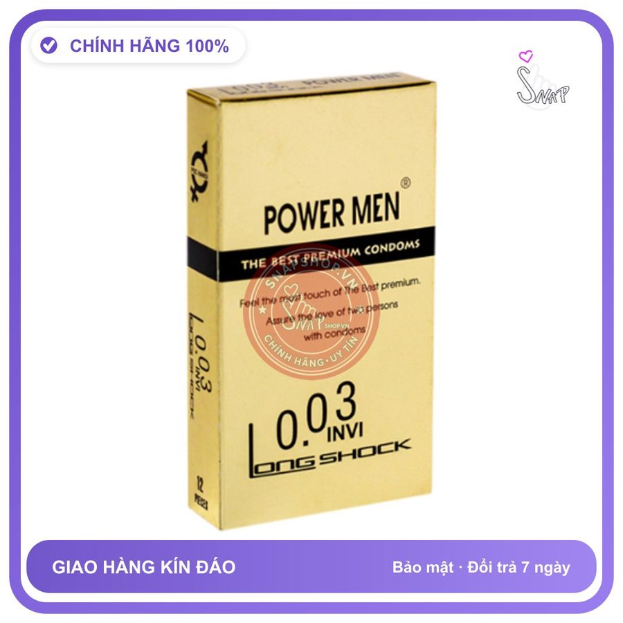 (Che Tên) Bao cao su siêu mỏng hỗ trợ kéo dài thời gian Power Men 0.03 Invi Long Shock - Snapshop