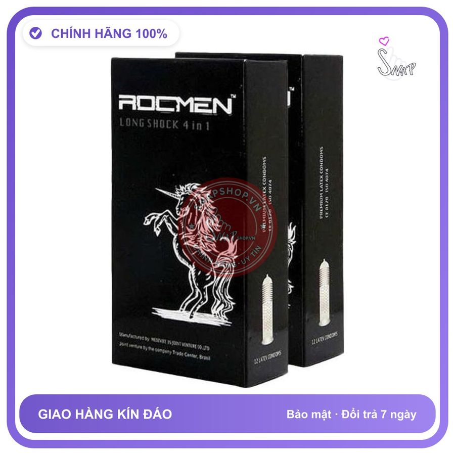 (Che Tên) Bao cao su Rocmen đen gân gai, kéo dài thời gian, Hộp 10 bao Cao Cấp Bảo Đảm
