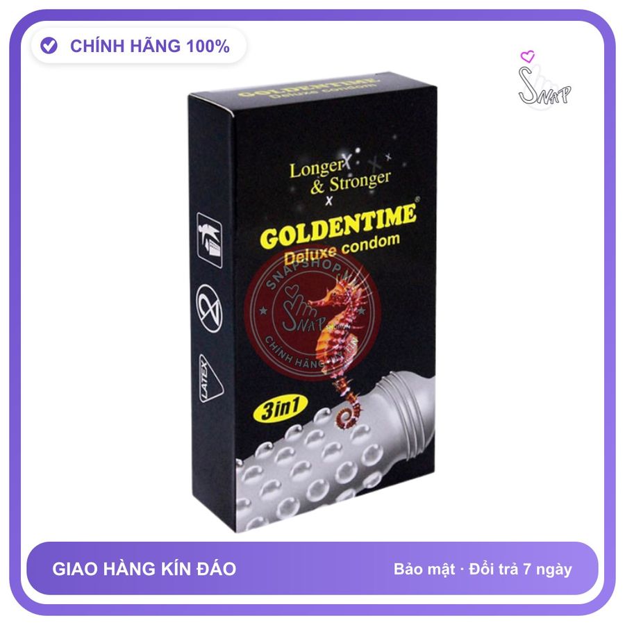 (Che Tên) Bao cao su Goldentime 3in1 gân gai, kéo dài thời gian, Hộp 12 bao - Hàng Mới Về