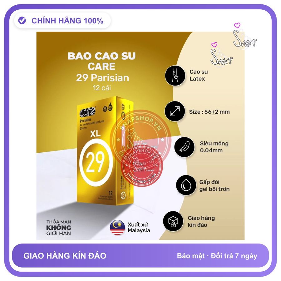 (Che Tên) (Snapshop) Bao Cao Su Size Lớn 56mm CARE 29 Parisian Hương Nước Hoa Chính Hãng Hộp Trắng Kín