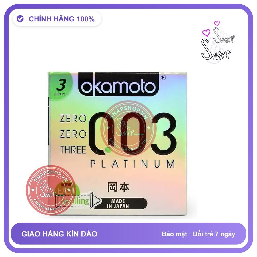 (Che Tên) (Snapshop) Bao cao su Okamoto 0.03 Platinum - Siêu mỏng, không mùi - Hộp 3 cái Chính Hãng 767314 Hộp Trắng Kín