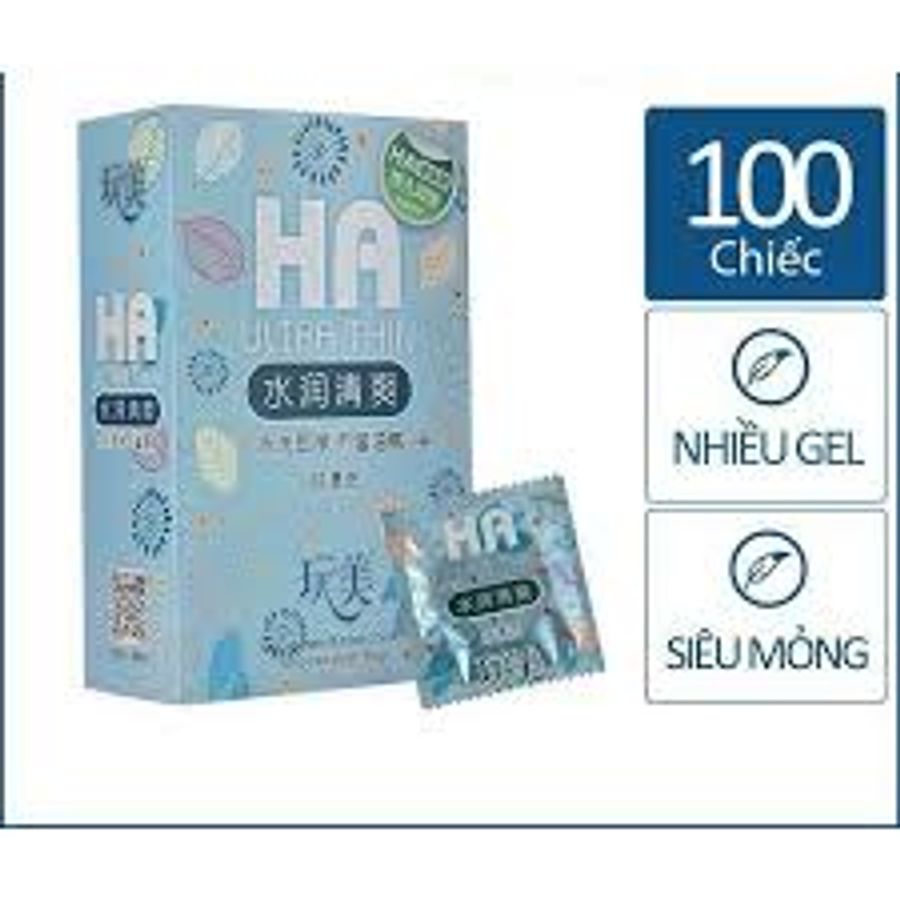 Bao Cao Su HA Ultra Thin Màu Xanh Hộp 100 Chiếc Siêu Mỏng, Siêu Nhiều Gel, Cực Kỳ Tiết K Nhập Khẩu Chính Hãng
