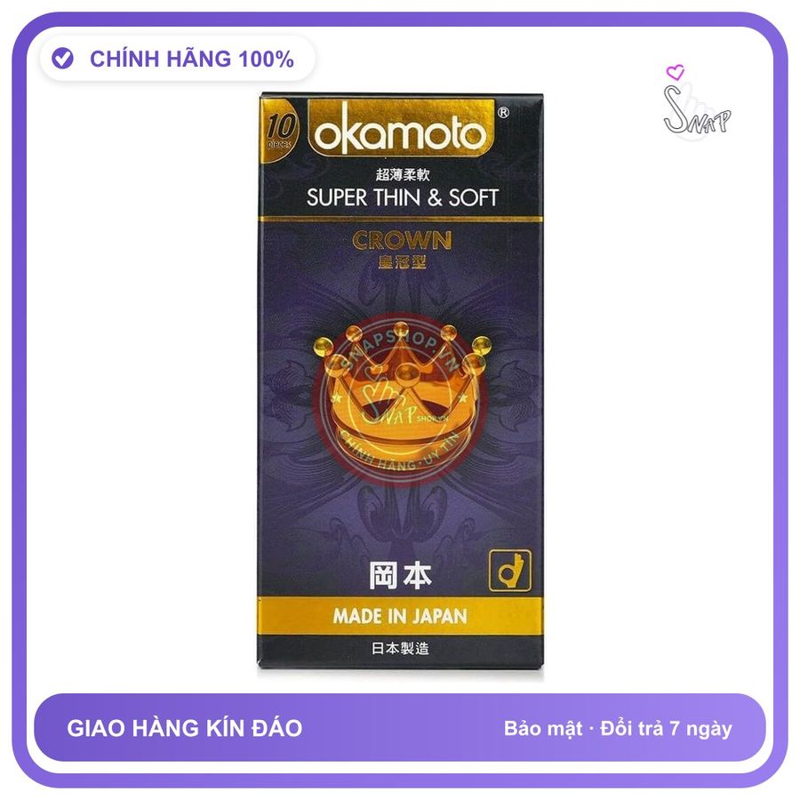 (Che Tên) Bao Cao Su Okamoto Crown Nhật Bản - Siêu Mỏng Mềm Mại Hộp Trắng Kín