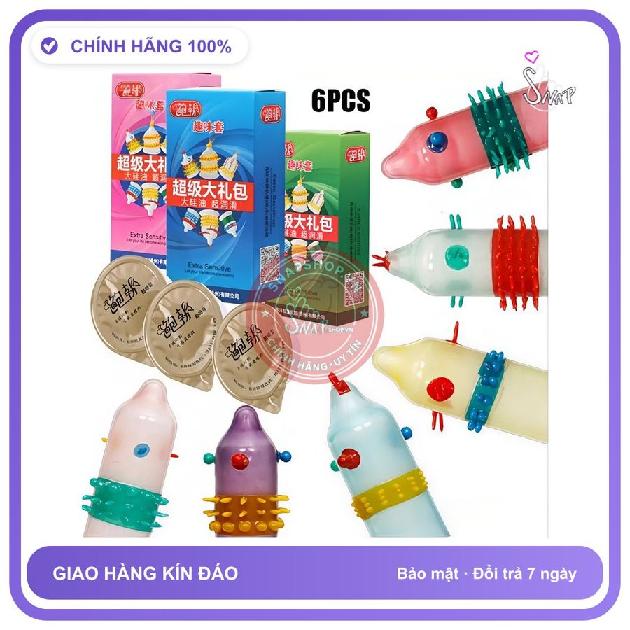Bao cao su Lang Qi Bao cao su đôn gân gai, chính hãng, che tên sản phẩm bảo mật kín đáo, hộp 6 cái