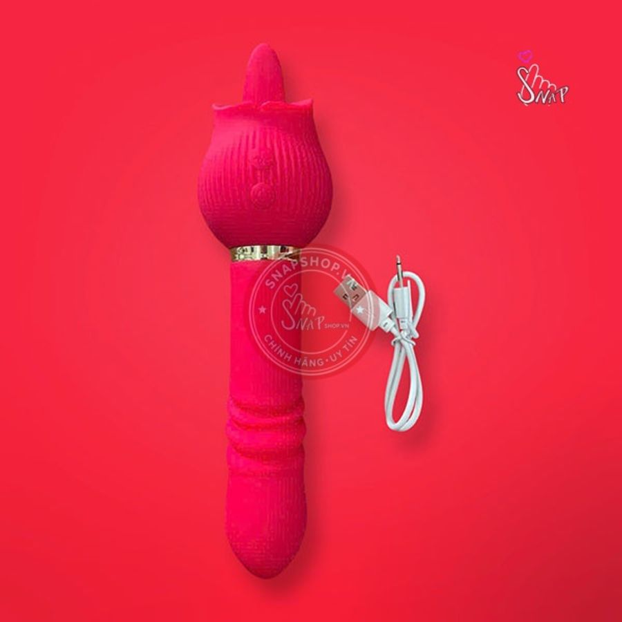 Dương vật giả 2 đầu hoa hồng lưỡi liếm rung nhấp chuyển động đẩy tới và lui