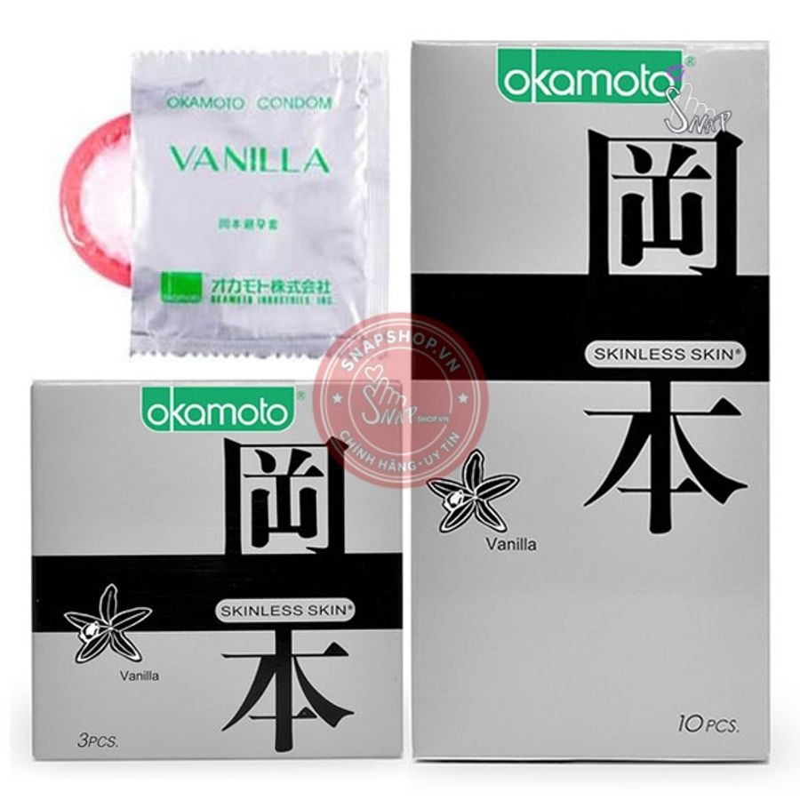 Bao cao su hương vani Okamoto Skinless Skin Vanila hộp 10c