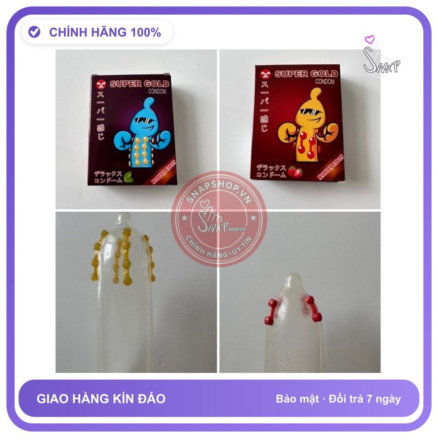 Bao Cao Su Super Gold Bi Hộp 2 Cái chính hãng - có gai nổi, có hương thơm, ôm sát cảm giác thật - giao hàng che tên kín đáo