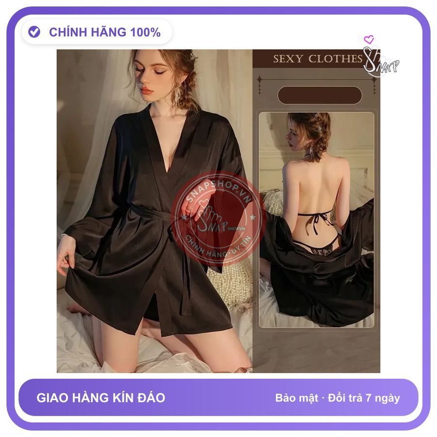 Áo Choàng Ngủ Lụa Tay Dài Cao Cấp Sang N191 Đen chính hãng - chất lụa mát mềm, freesize, set đầy đủ phụ kiện - giao hàng che tên kín đáo