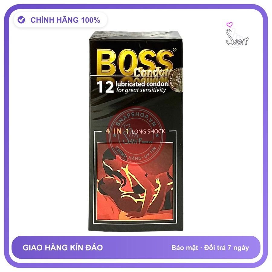 Bao Cao Su Boss 4in1 Hộp 12 Cái chính hãng - có gai nổi, hỗ trợ kéo dài, ôm sát cảm giác thật - giao hàng che tên kín đáo