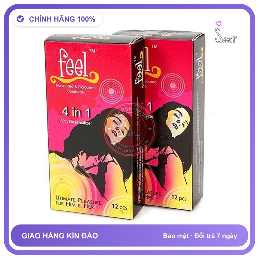 Bao Cao Su Feel 4in1 Hộp 12 Cái chính hãng - siêu mỏng, có gai nổi, hỗ trợ kéo dài - giao hàng che tên kín đáo