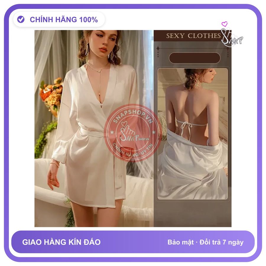 Áo Choàng Ngủ Lụa Tay Dài Cao Cấp Sang N191 Trắng chính hãng - chất lụa mát mềm, freesize, set đầy đủ phụ kiện - giao hàng che tên kín đáo