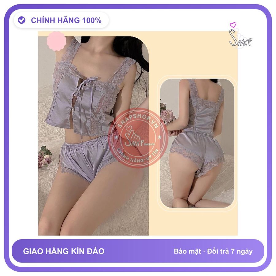 Bộ Ngủ Sexy Lụa 2 Dây Phối Ren Gợi N213 Tím chính hãng - chất lụa mát mềm, freesize, chất vải mềm mát - giao hàng che tên kín đáo