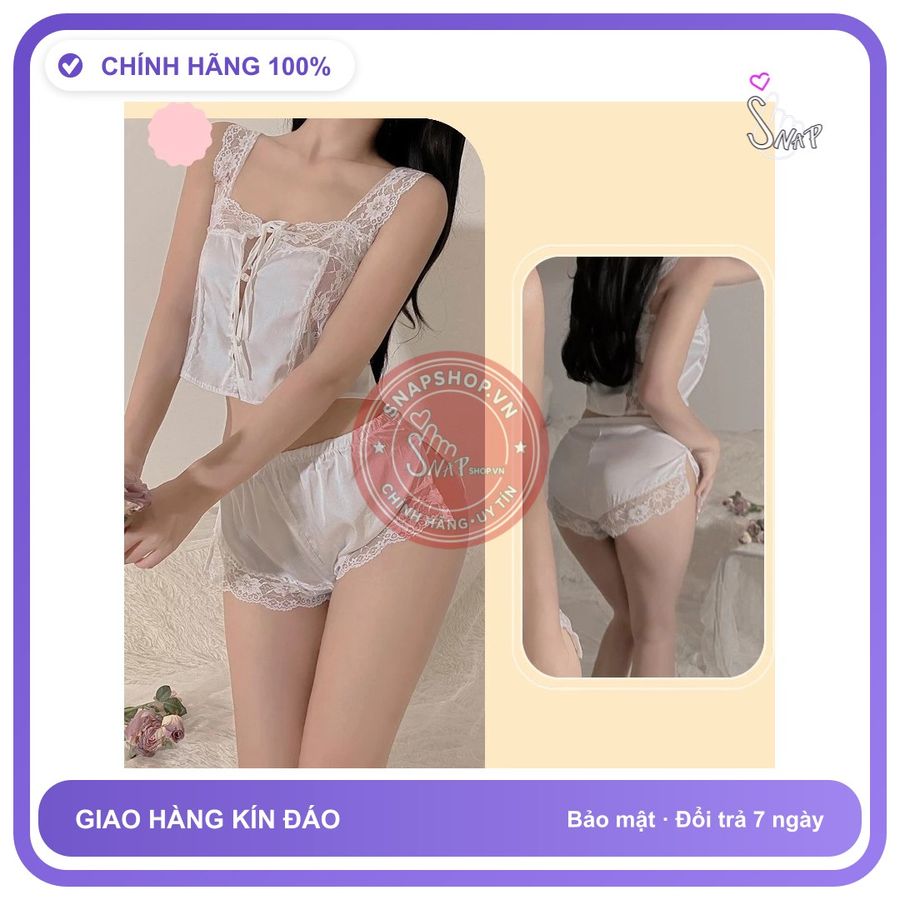 Bộ Ngủ Sexy Lụa 2 Dây Phối Ren Gợi N213 Trắng chính hãng - chất lụa mát mềm, freesize, chất vải mềm mát - giao hàng che tên kín đáo