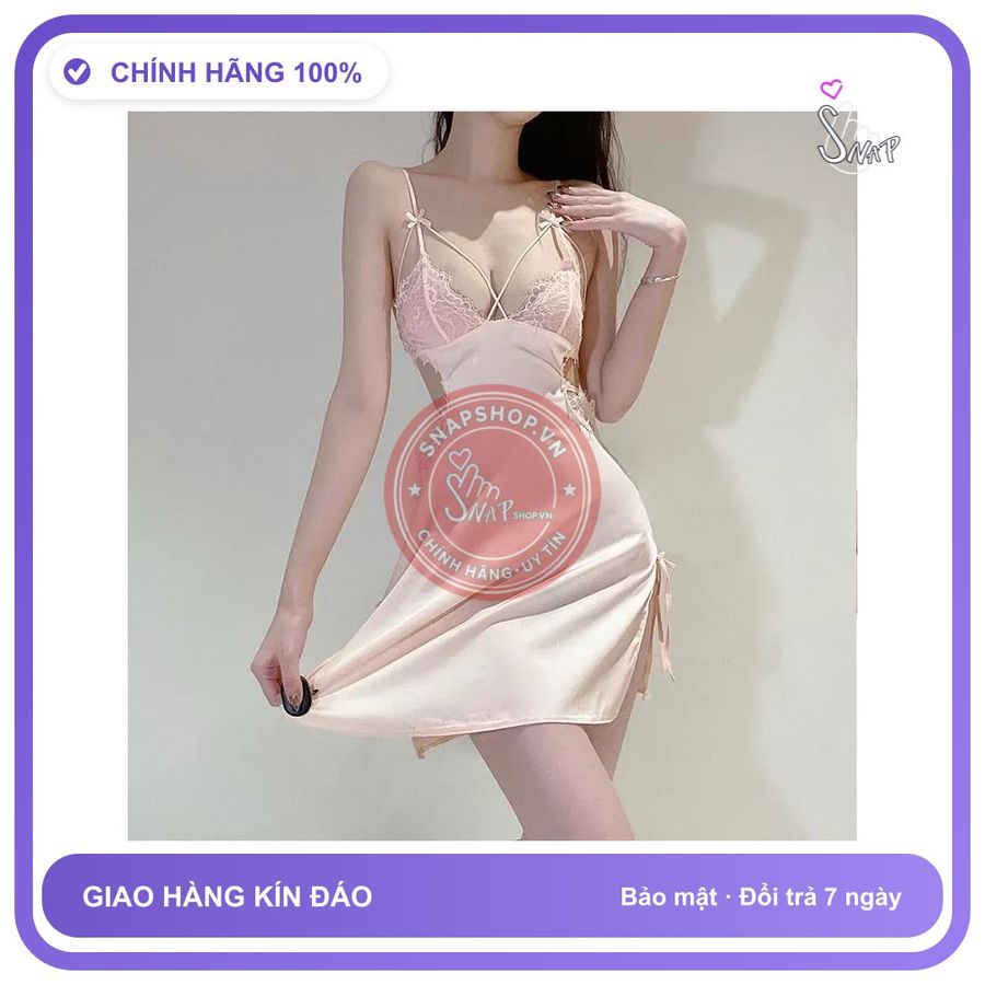 Váy Ngủ Lụa Mềm Mịn Phối Ren Ngực Tặng N124 Hồng chính hãng - chất lụa mát mềm, freesize, set đầy đủ phụ kiện - giao hàng che tên kín đáo